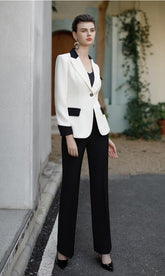 Monochrome Elegance: Classic Contrast Blazer and Trousers Set